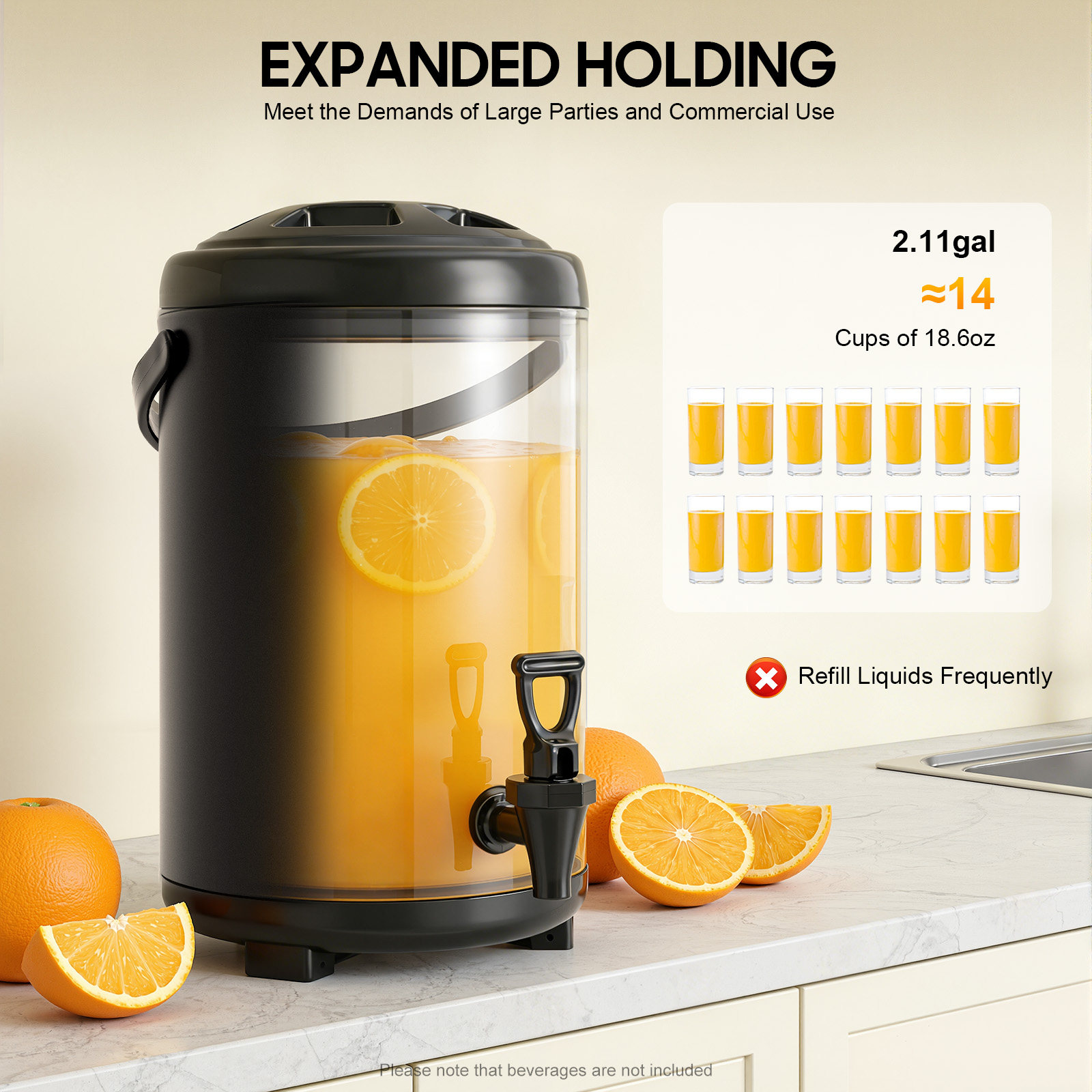 Cold Drink Dispenser - 10L保温バレル、温度計なし、ステンレス製断熱飲料ディスペンサー（注ぎ口付き）、丸型冷温ドリンクバケツ（パーティー用）