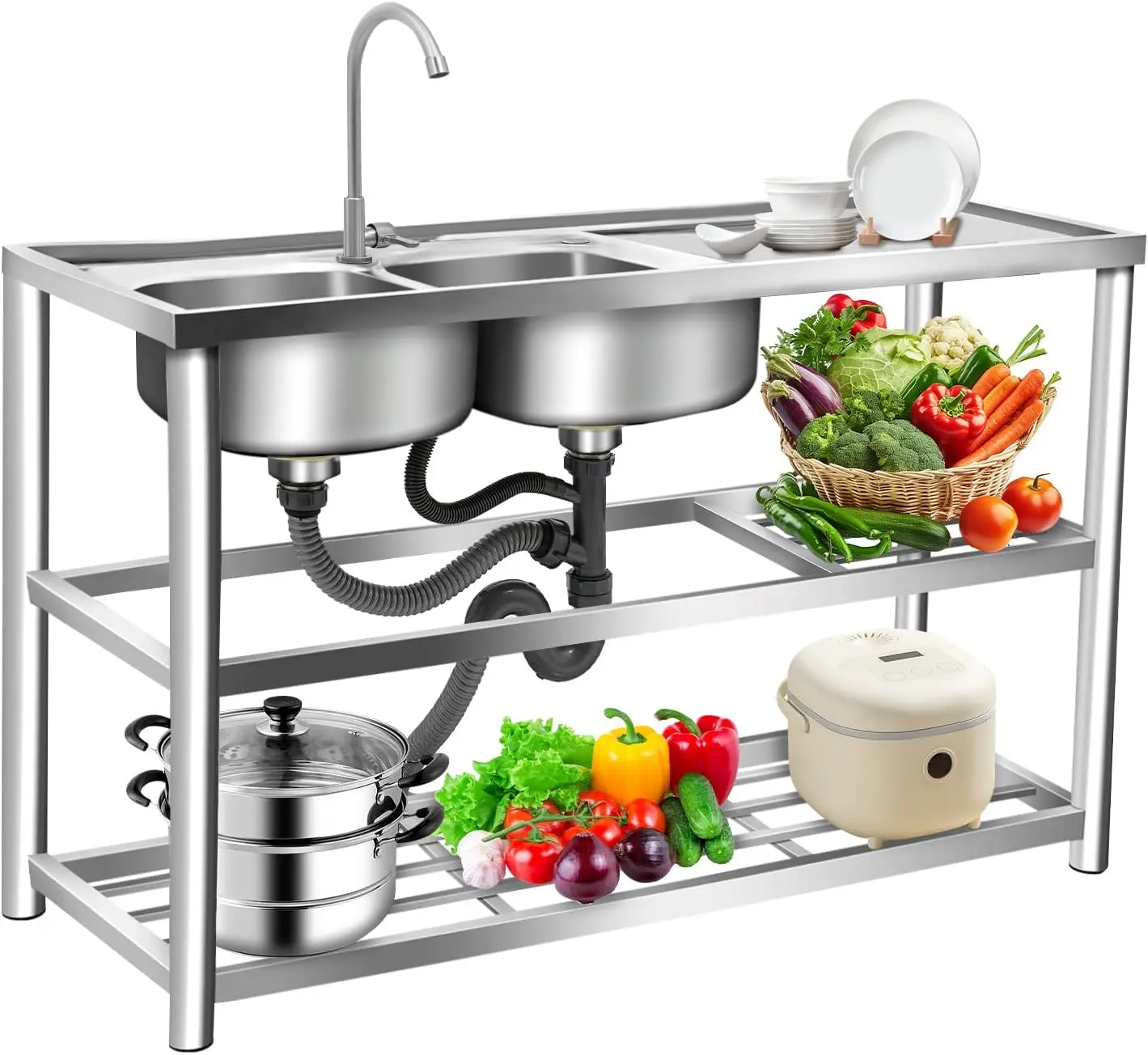 Commercial Kitchen Sink - 3段式自立型ステンレス製シンク、ダブルボウル業務用レストランキッチンシンクセット、屋内・屋外キッチンシンクとキャビネット