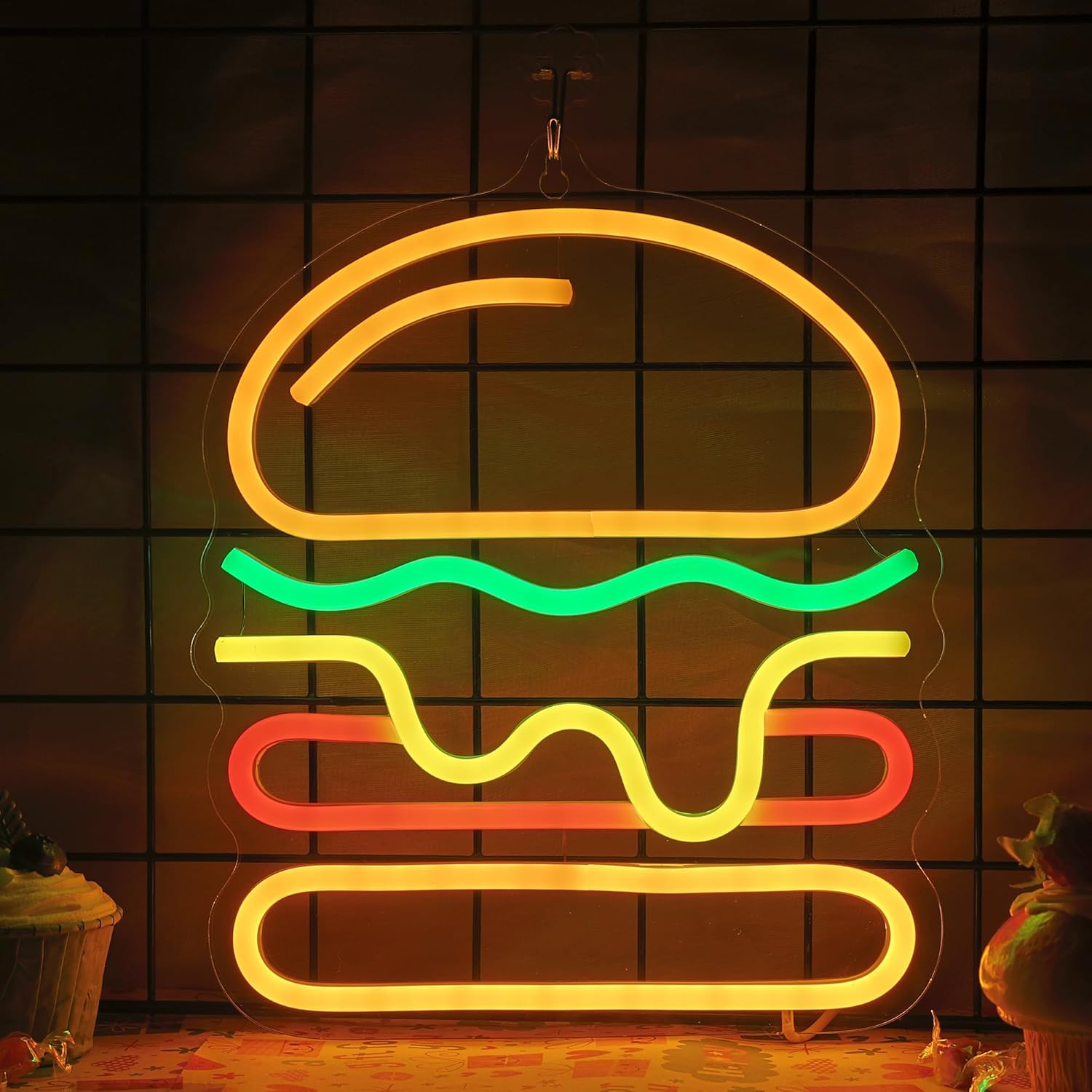 Commercial Kitchen Walls - ハンバーガーネオンサイン、重ねチーズLEDライト付き、ファストフードレストラン、バー、壁飾り、鮮やかなホームキッチン、カフェの装飾、ギフトに最適