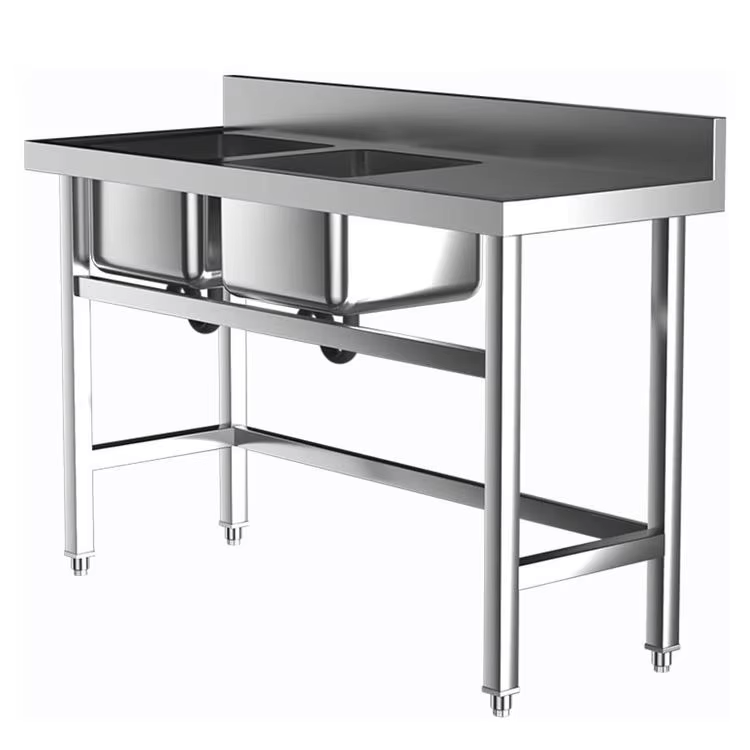 Commercial Kitchen Sink - 業務用ホテル厨房機器 二槽ステンレスシンク 作業台付き 正方形 二穴付き