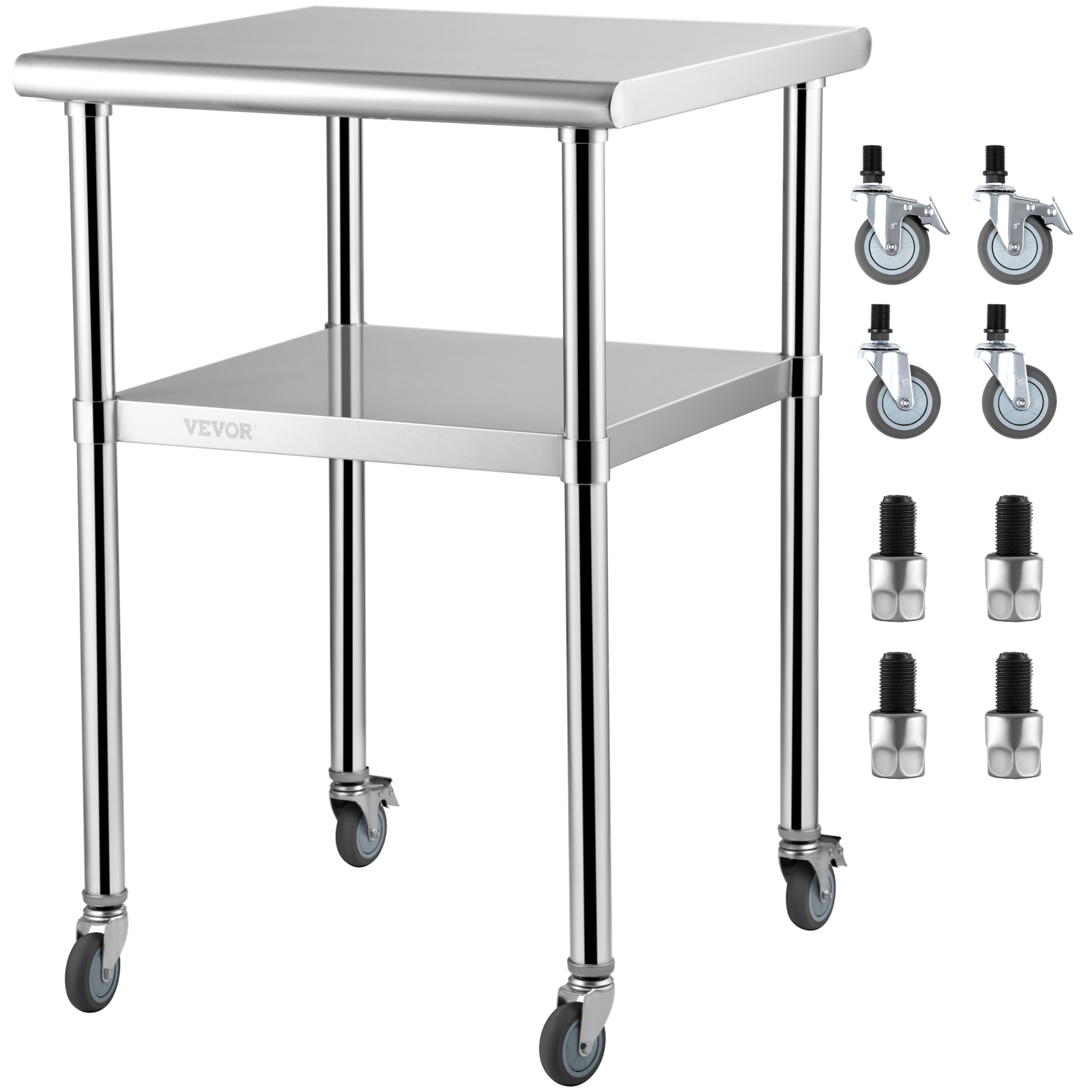 Commercial Kitchen Bench - 24 x 24インチ ステンレス製キッチン作業台 棚付き業務用作業台 キャスター付き