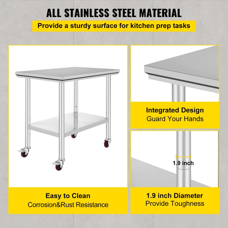 Commercial Kitchen Bench - 【プレミアム】SucceBuy ステンレス製キッチン作業棚 業務用作業台 キャスターホイール付き 家庭用 レストラン用
