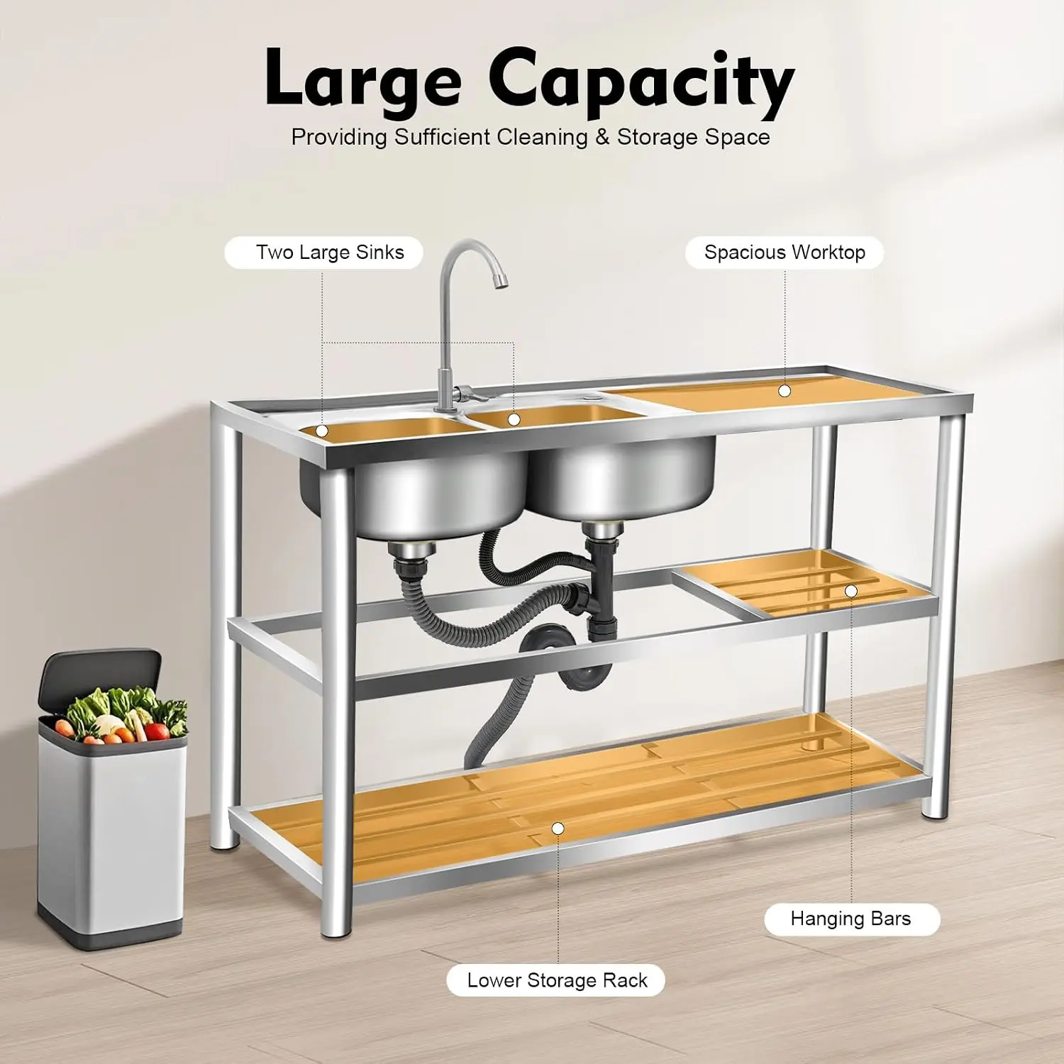3段式自立型ステンレス製シンク、ダブルボウル業務用レストラン - Commercial Kitchen Sink のレビューと価格