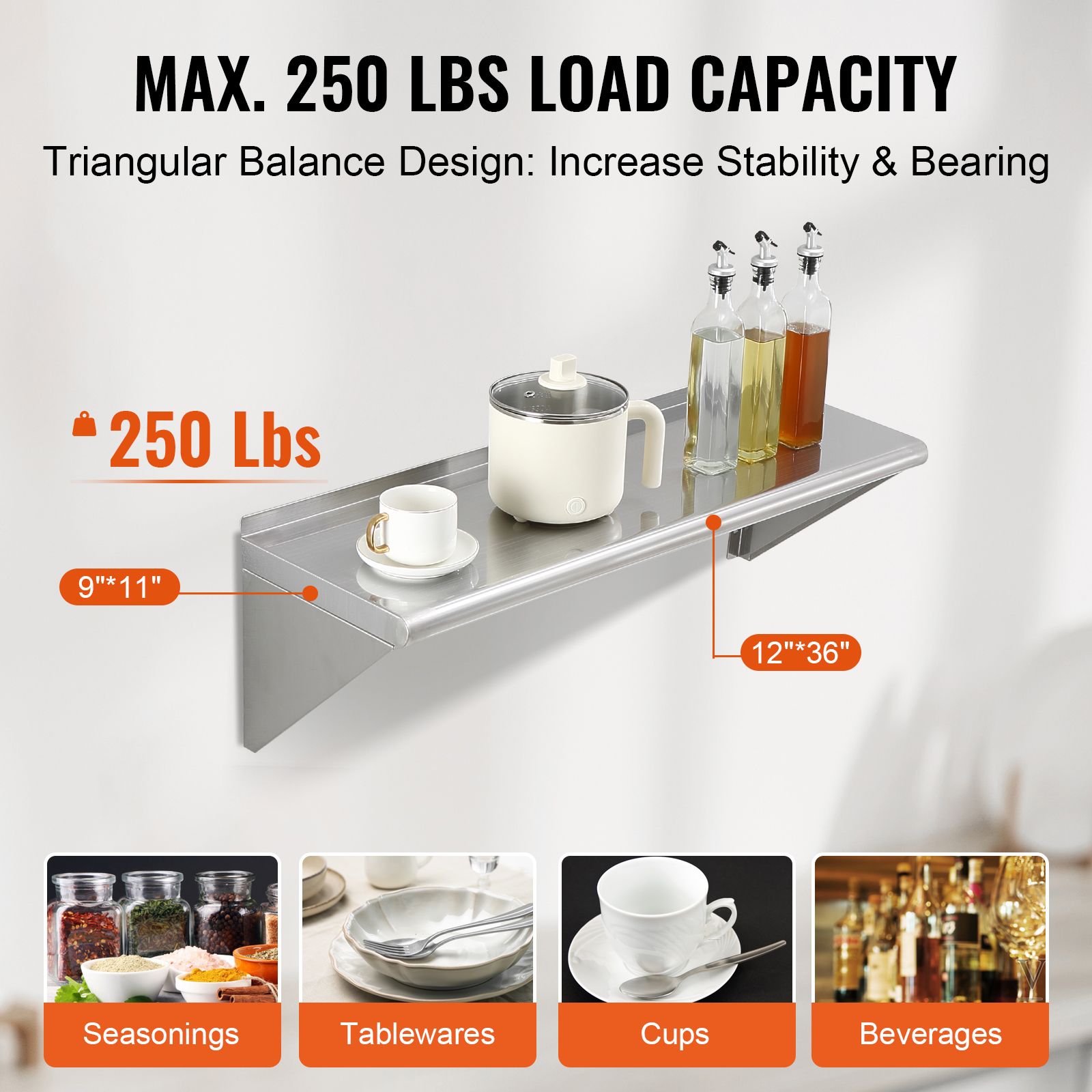 12インチ x 36インチ ステンレススチール製棚、ブラケッ - Commercial Kitchen Walls のレビューと価格