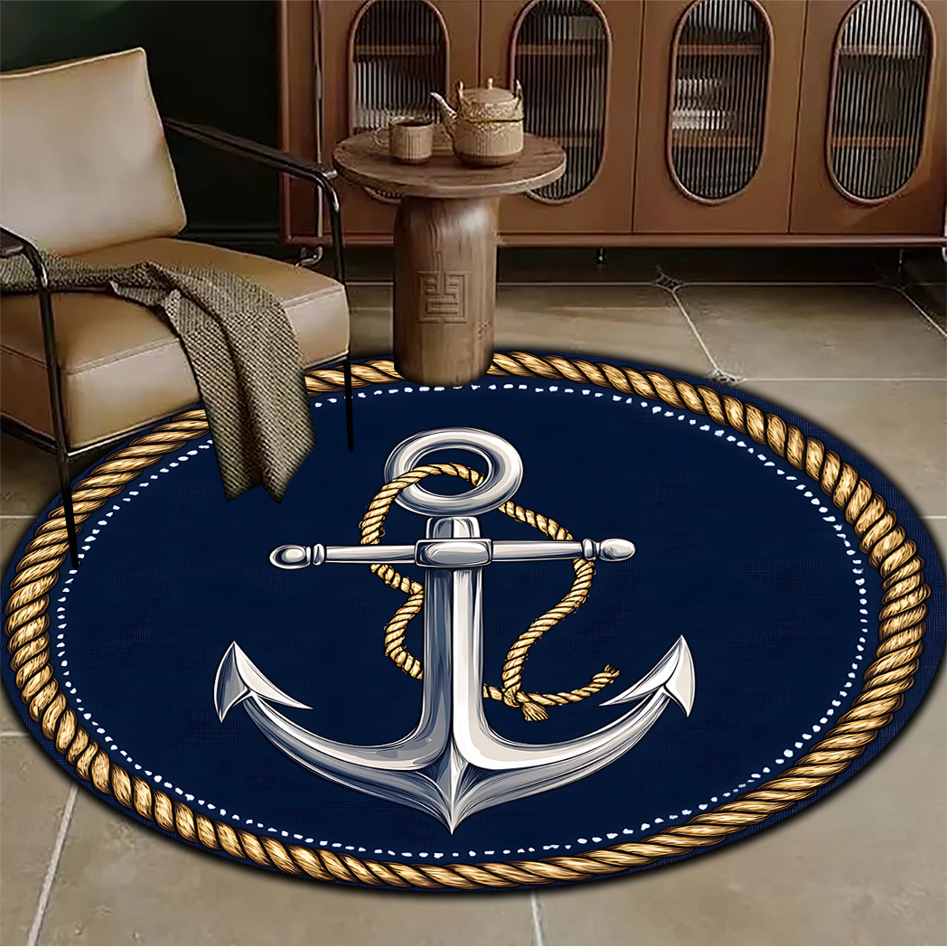 ネイビーブルーのアンカー＆ロープ柄ラウンドマット、リビングル - Commercial Kitchen Mats のレビューと価格