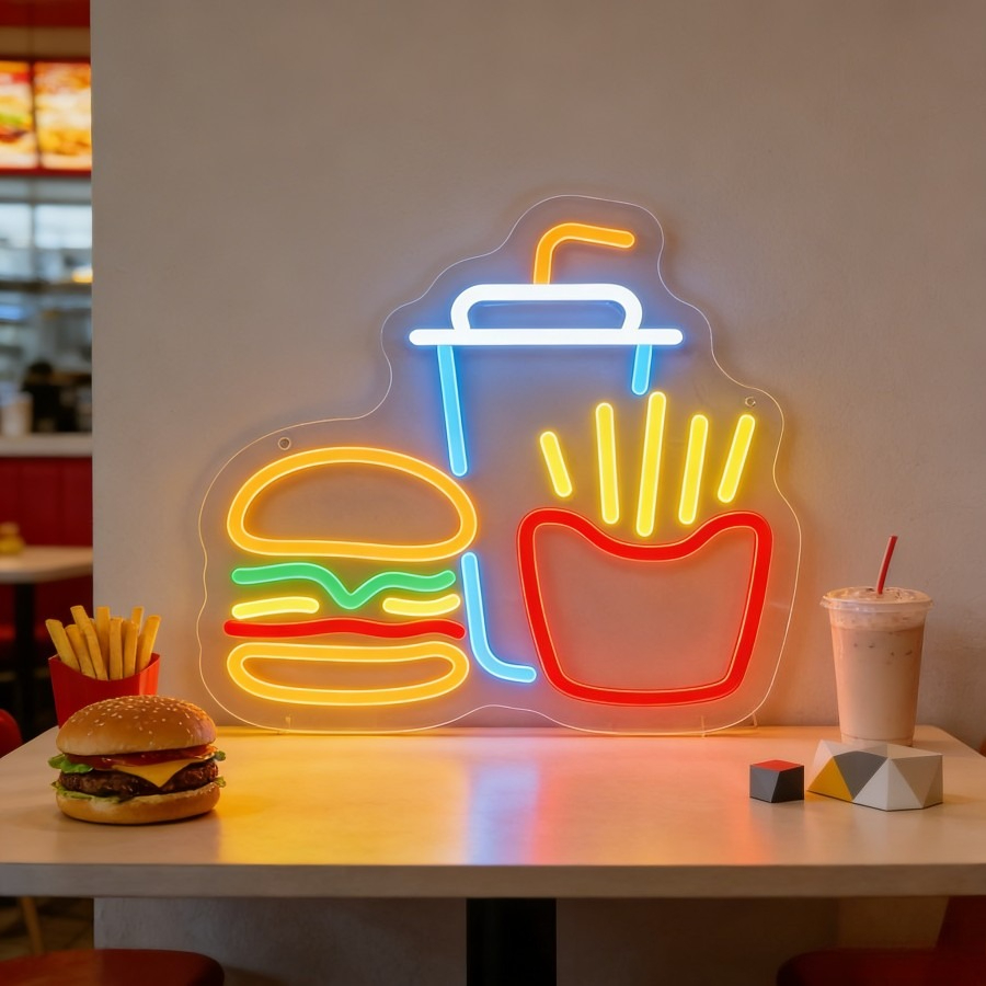 バーガーフライドポテトドリンクファーストフードLEDネオンラ - Commercial Kitchen Walls のレビューと価格